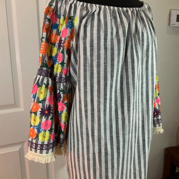 Philosophy Embroidered Linen Blend Boho Peasant Stripe Dress Size Large - Picture 4 of 8